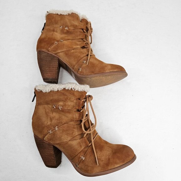 Not Rated Faux Fur Ankle Booties Brown Lace Up Block Heel Shearling Boots Sz 6.5 - Picture 6 of 13